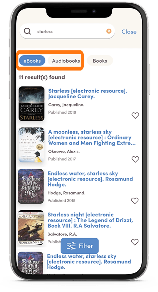 A tutorial screenshot for the app, showing how to filter search results by ebooks or audiobooks only.