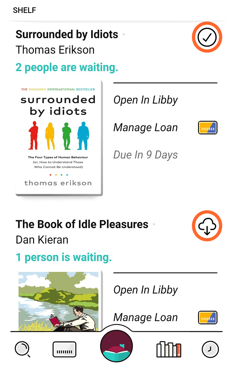 A screenshot of the Libby app, showing books that have been downloaded and those that have not.