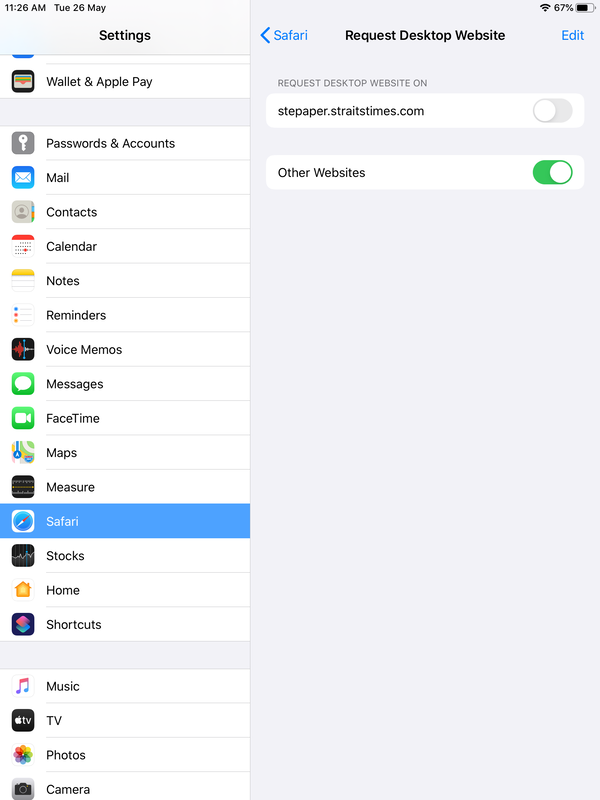 A screenshot showing the Safari setttings on the iPad.