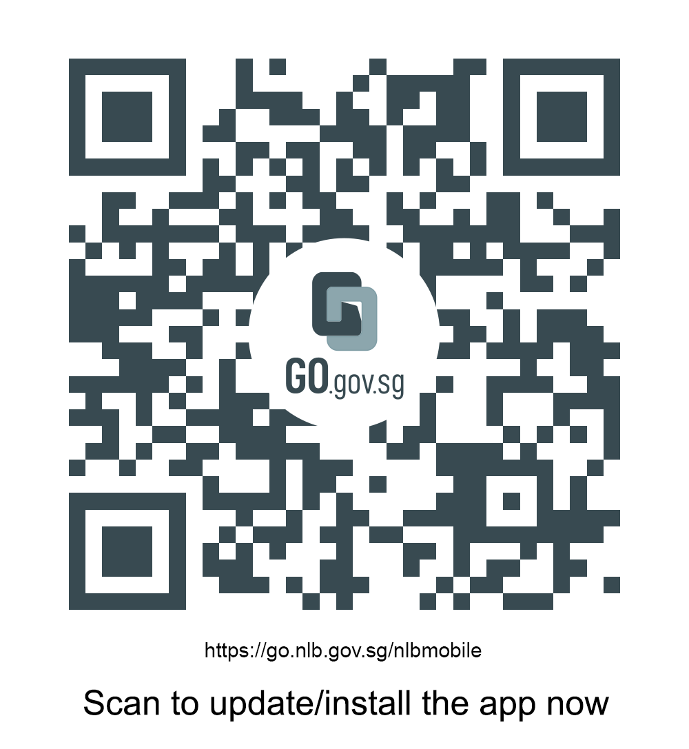 A QR code which leads to the NLB Mobile app installation page in the AppStore or Google Play Store.