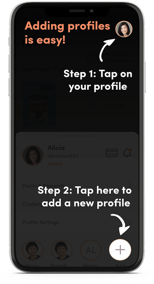 A tutorial screenshot for the app, showing how to add other profiles (e.g. your family members' accounts).